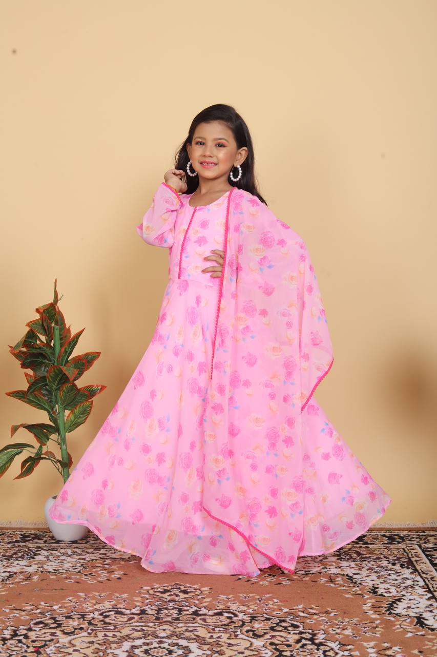 girl's faux georgette printed anarkali gown with dupatta