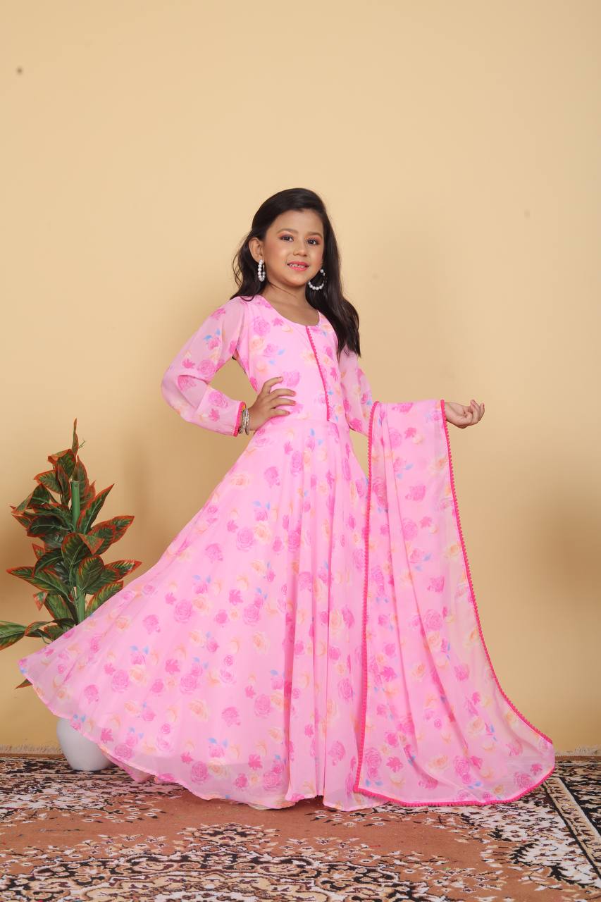 girl's faux georgette printed anarkali gown with dupatta