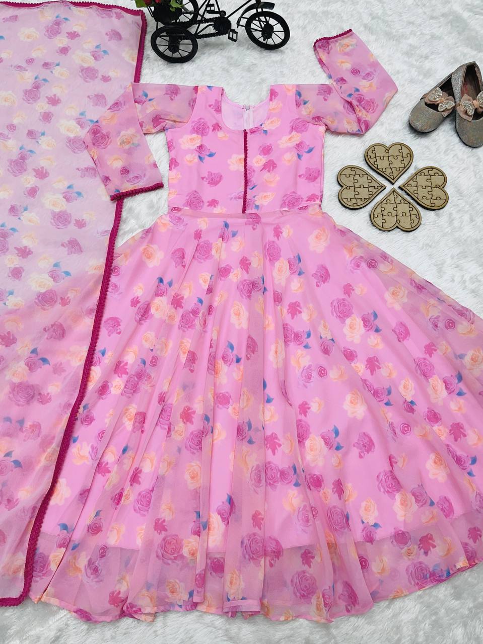 girl's faux georgette printed anarkali gown with dupatta