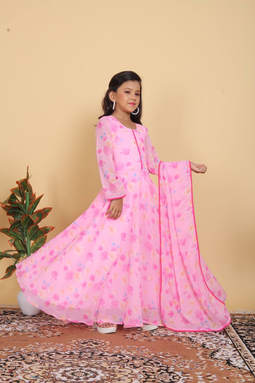 girl's faux georgette printed anarkali gown with dupatta