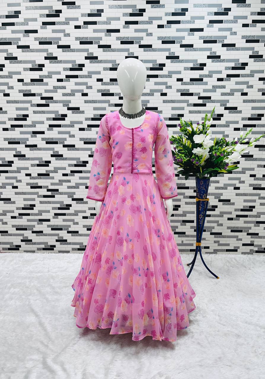 girl's faux georgette printed anarkali gown with dupatta