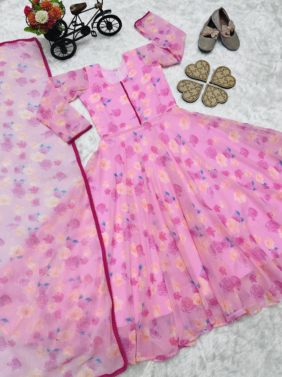 girl's faux georgette printed anarkali gown with dupatta