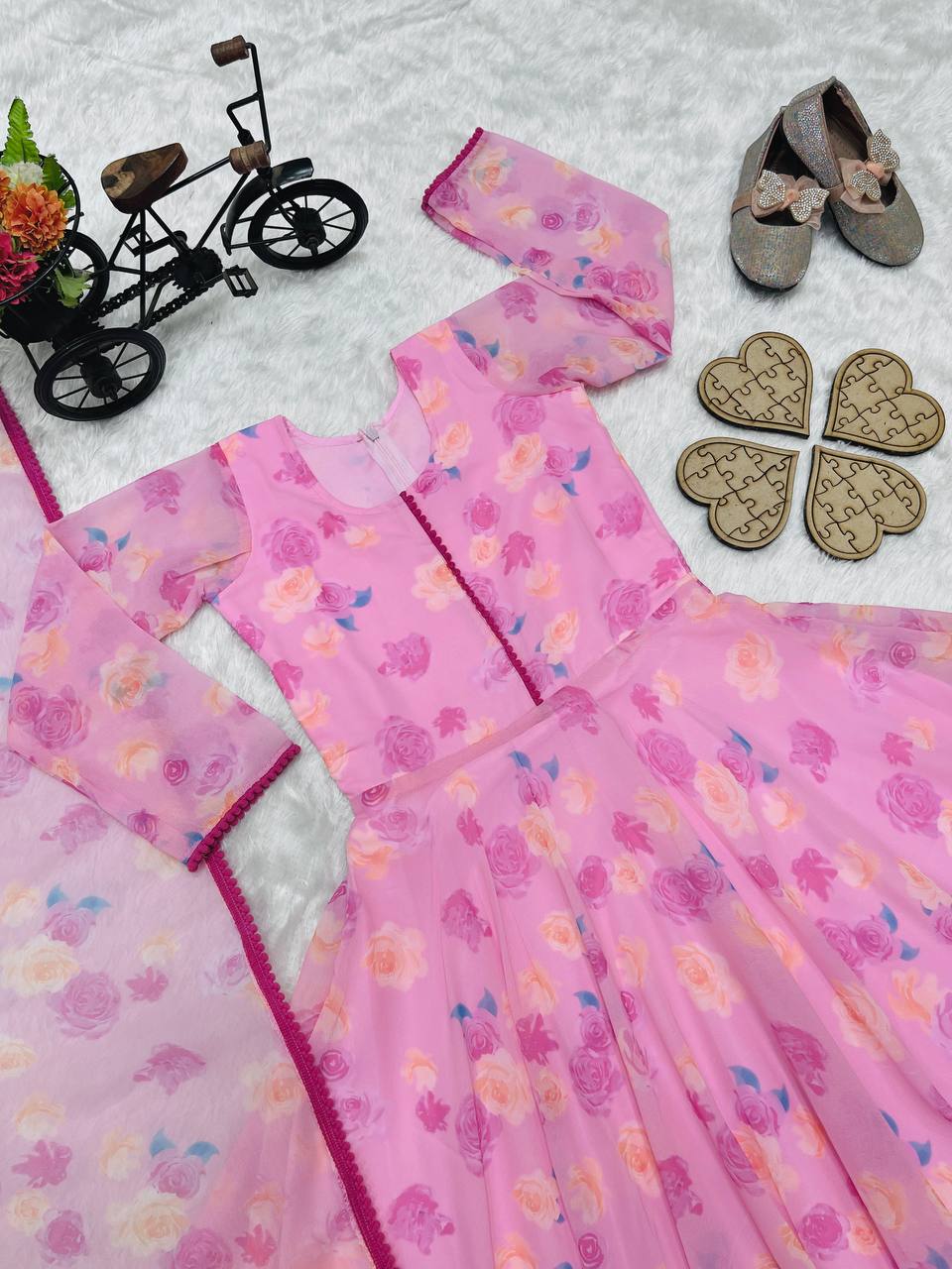 girl's faux georgette printed anarkali gown with dupatta