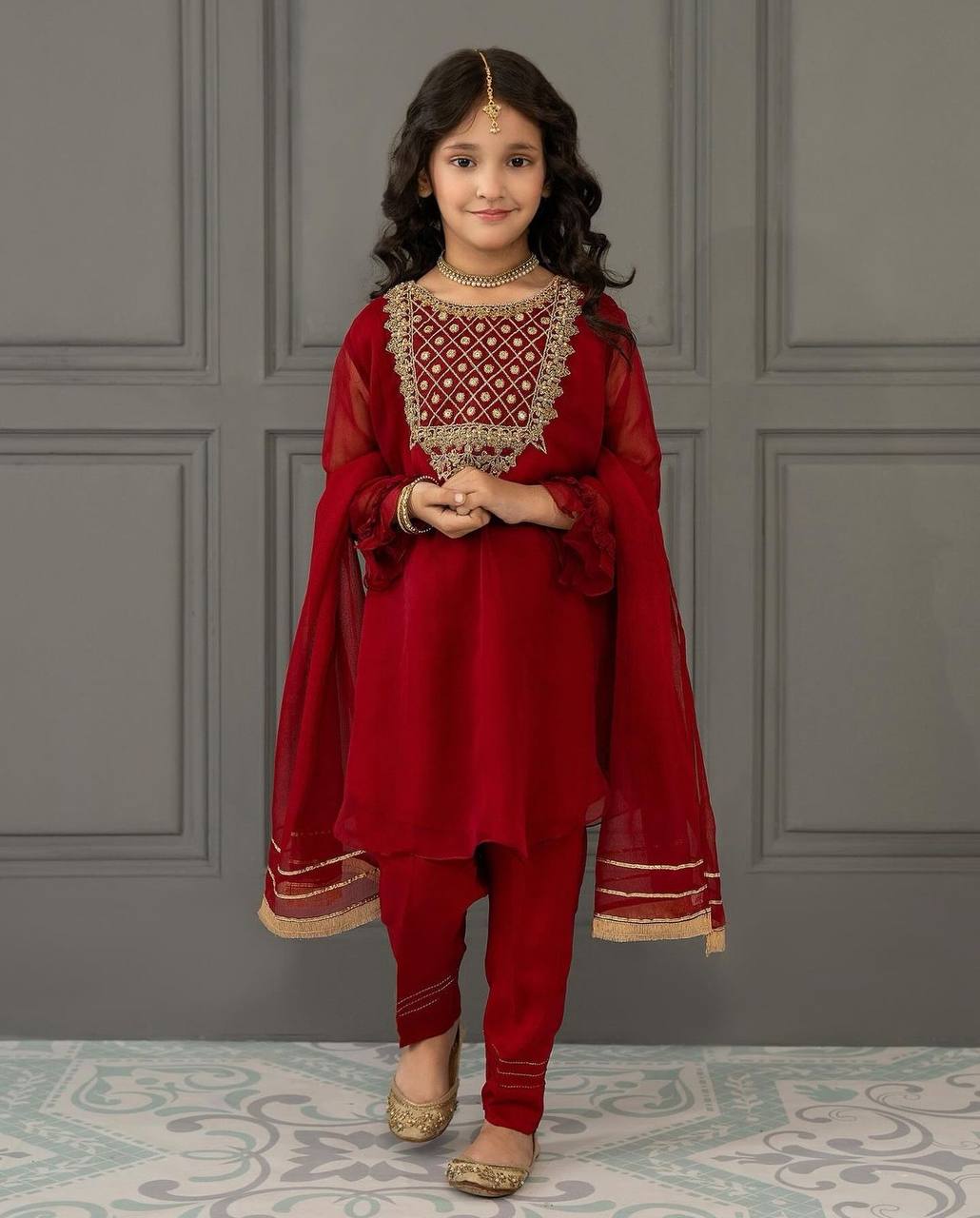 girl's faux georgette embroidery straight kurta pant with dupatta