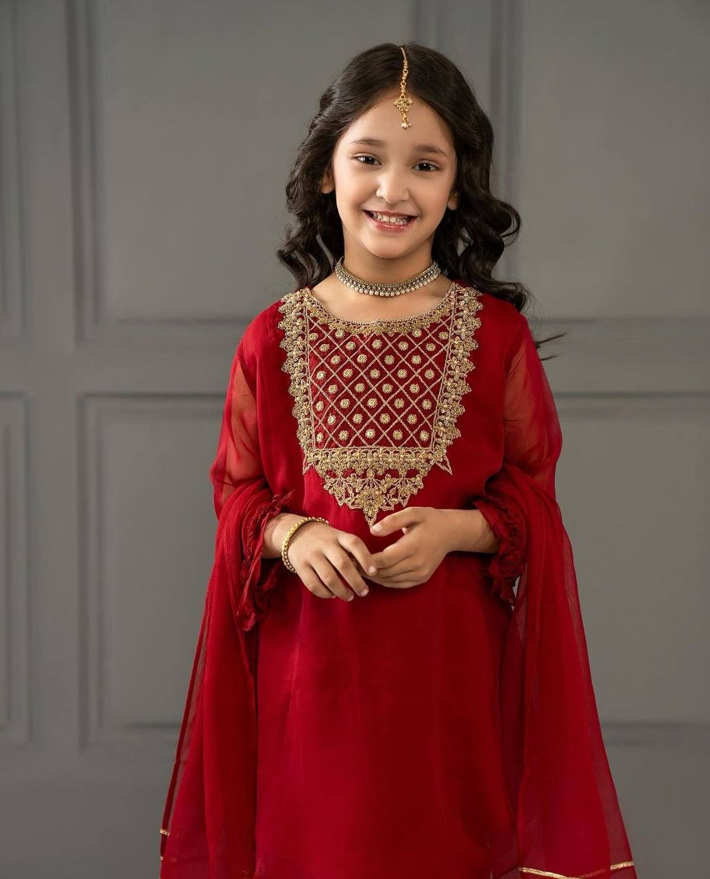 girl's faux georgette embroidery straight kurta pant with dupatta