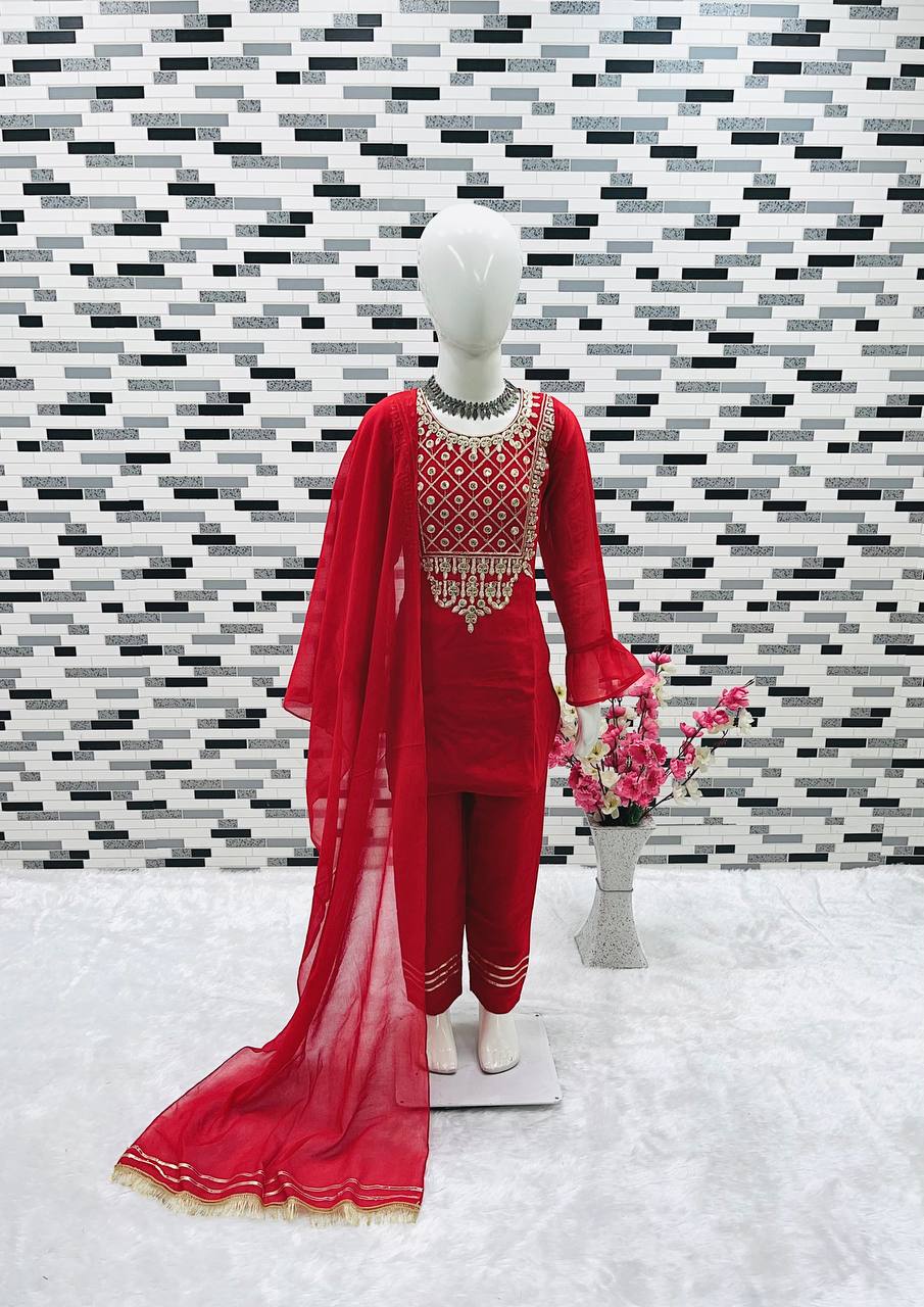girl's faux georgette embroidery straight kurta pant with dupatta