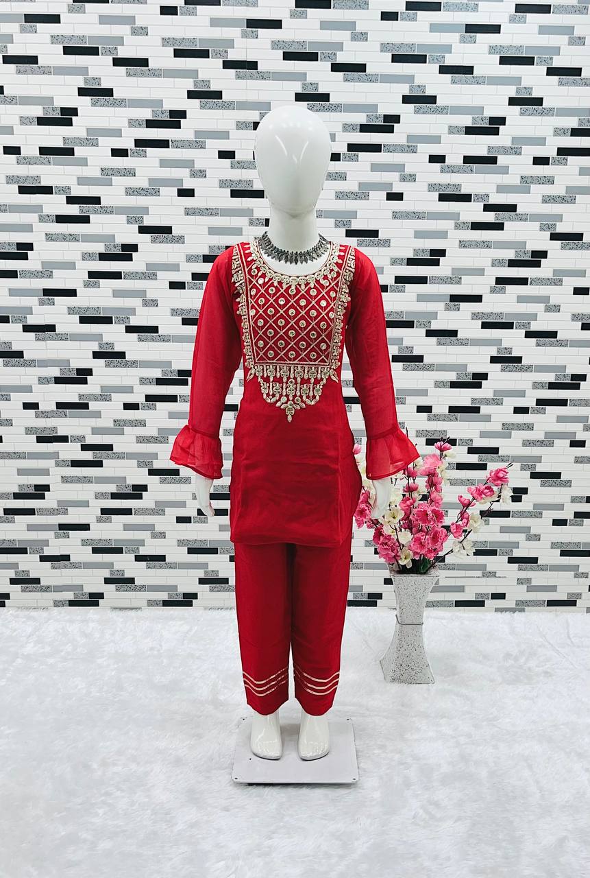 girl's faux georgette embroidery straight kurta pant with dupatta