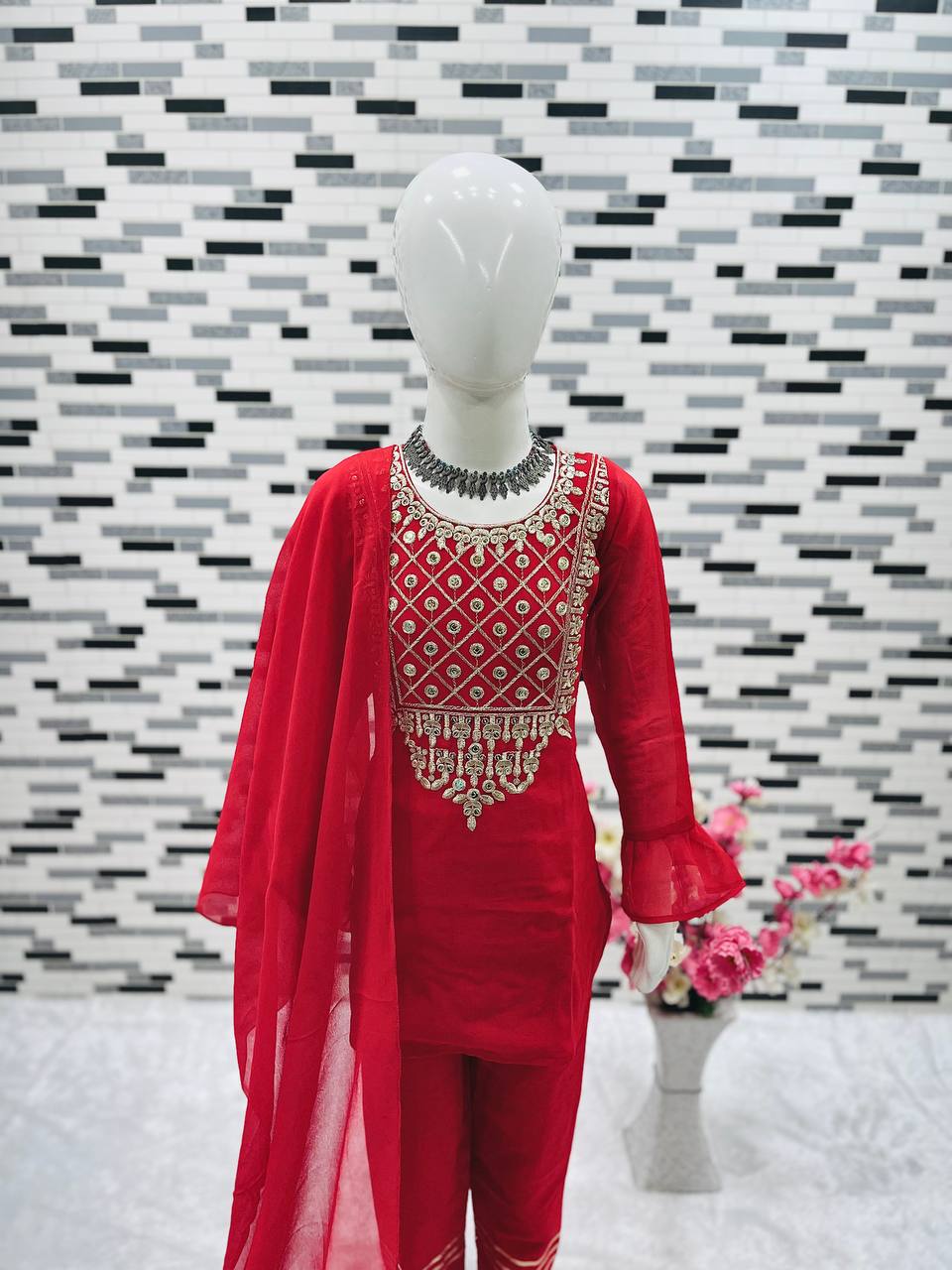 girl's faux georgette embroidery straight kurta pant with dupatta
