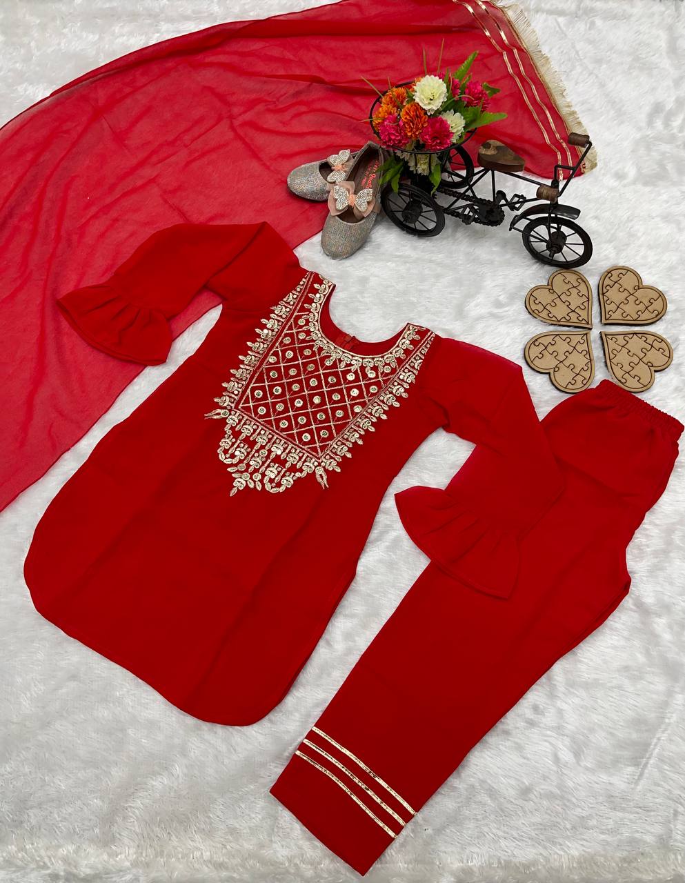girl's faux georgette embroidery straight kurta pant with dupatta