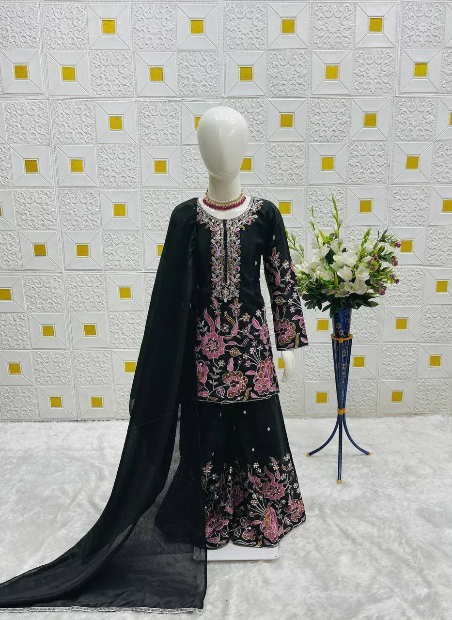 girl's chinon silk embroidery straight kurta sharara with dupatta 2