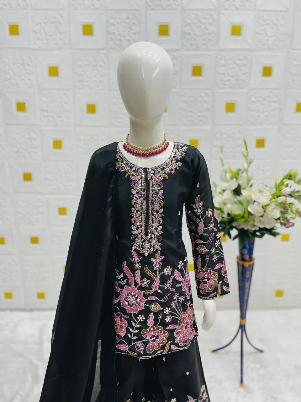 girl's chinon silk embroidery straight kurta sharara with dupatta 3