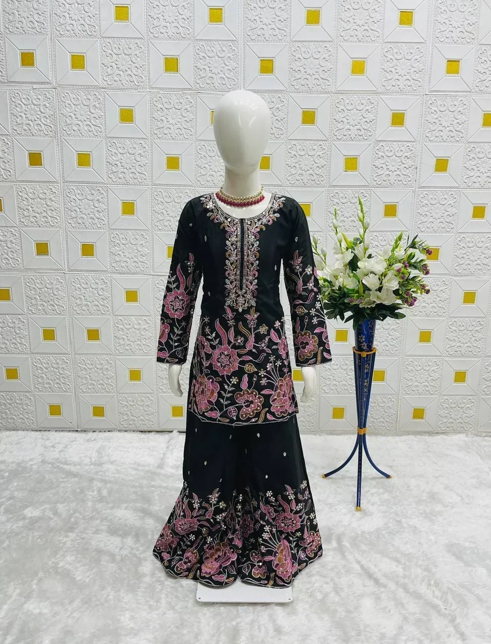 girl's chinon silk embroidery straight kurta sharara with dupatta 4