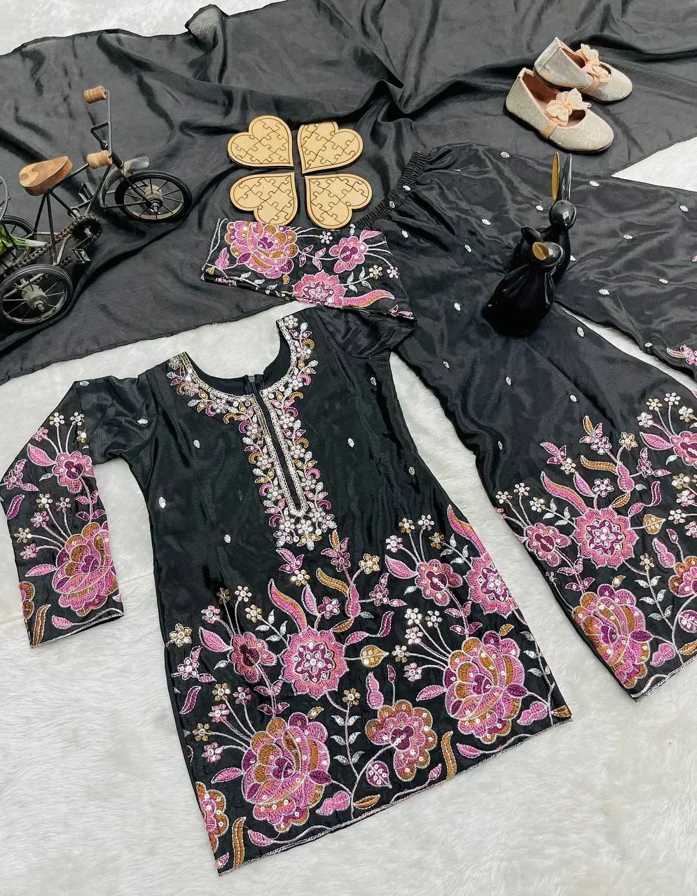 girl's chinon silk embroidery straight kurta sharara with dupatta 5