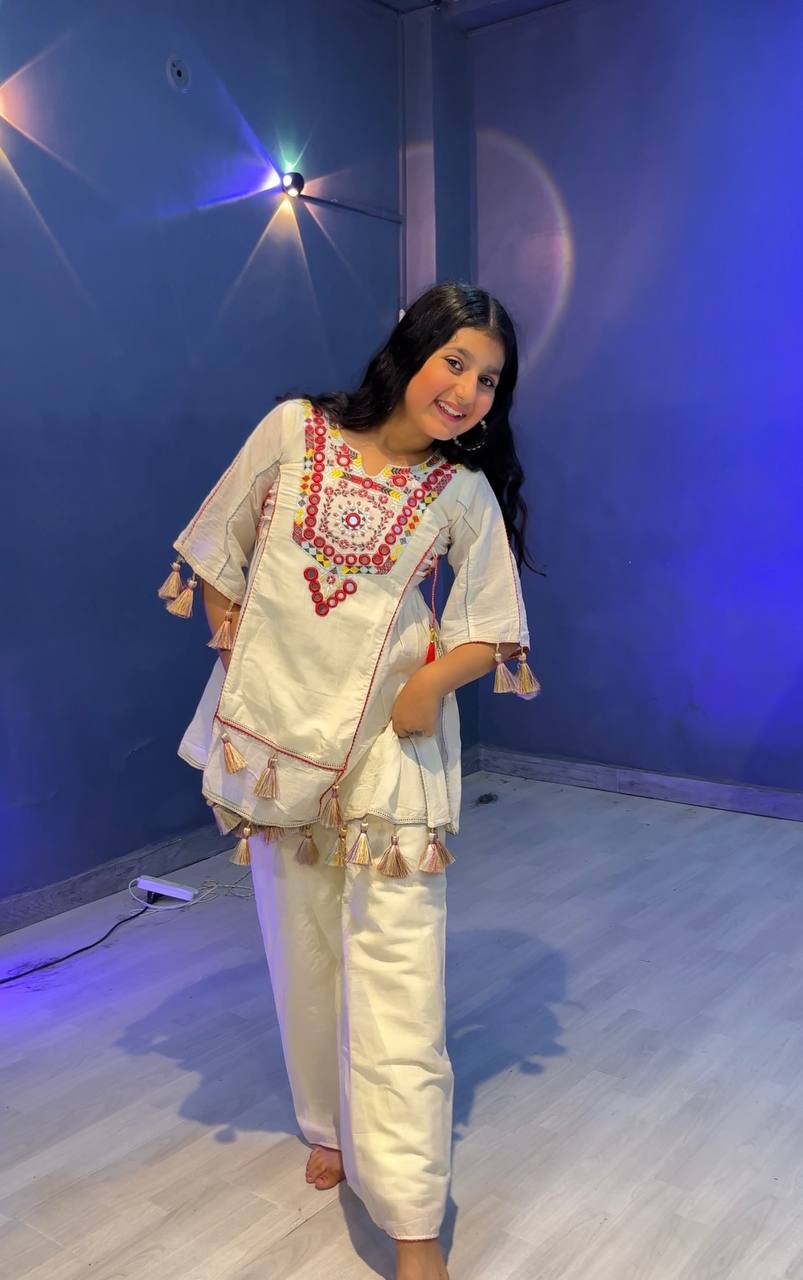 girl's khadi cotton embroidery co-ord set