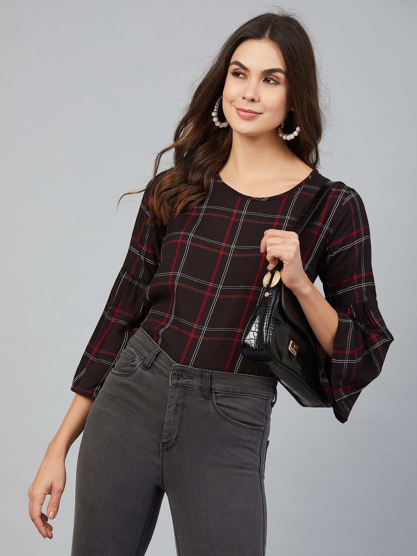 chimpaaanzee women red and white checks bell sleeve top