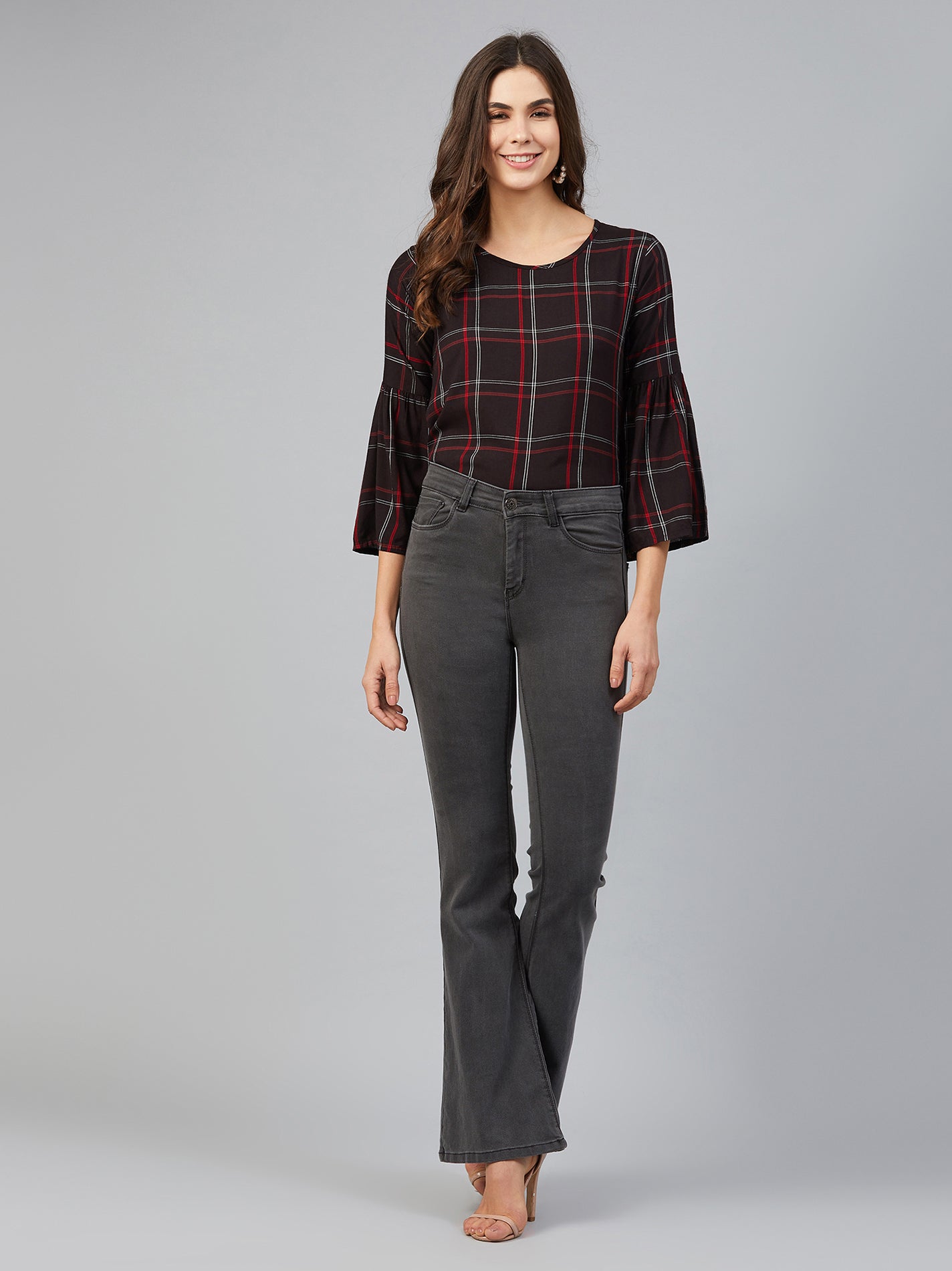 chimpaaanzee women red and white checks bell sleeve top