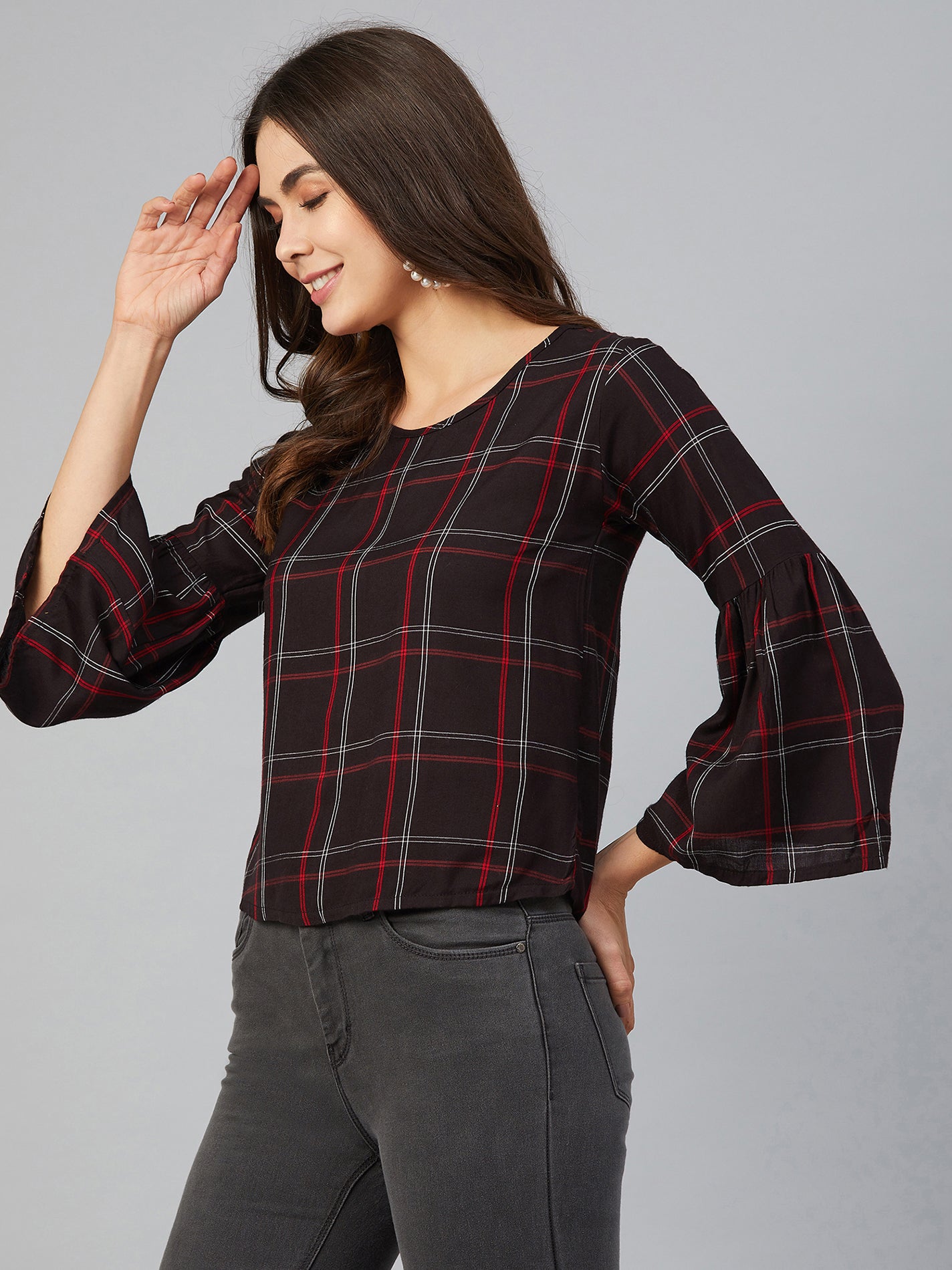 chimpaaanzee women red and white checks bell sleeve top