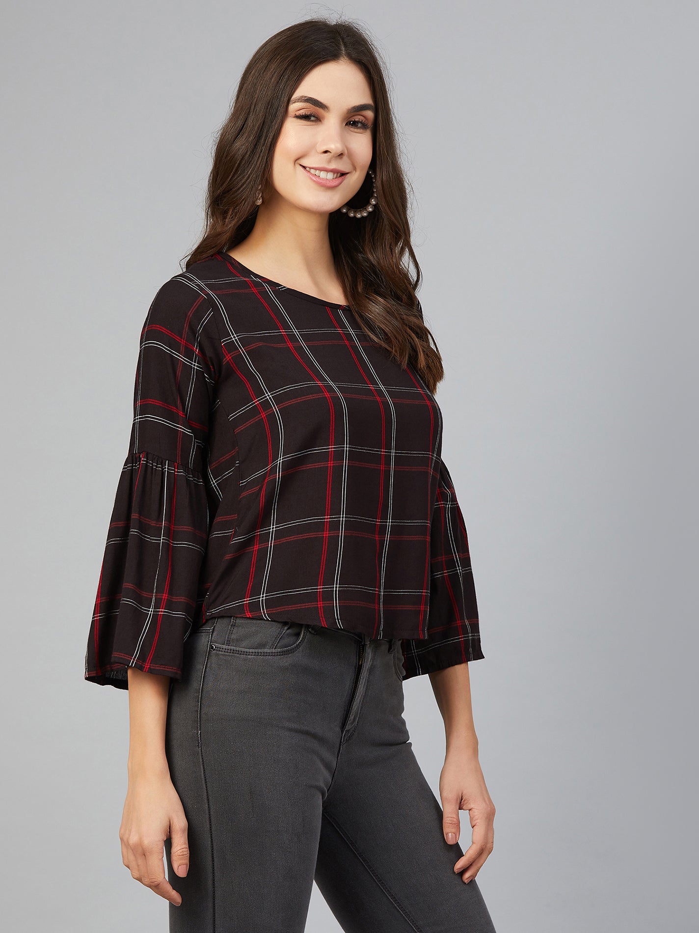 chimpaaanzee women red and white checks bell sleeve top