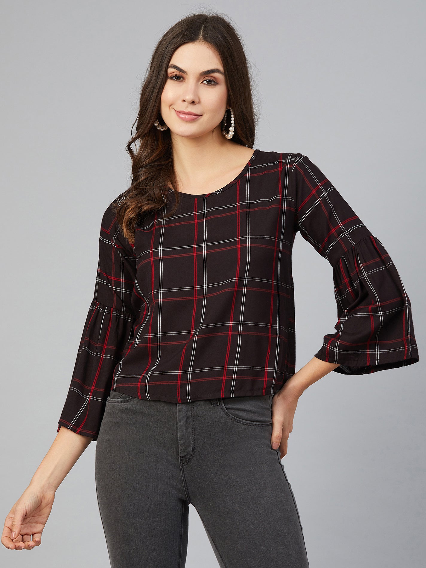 chimpaaanzee women red and white checks bell sleeve top