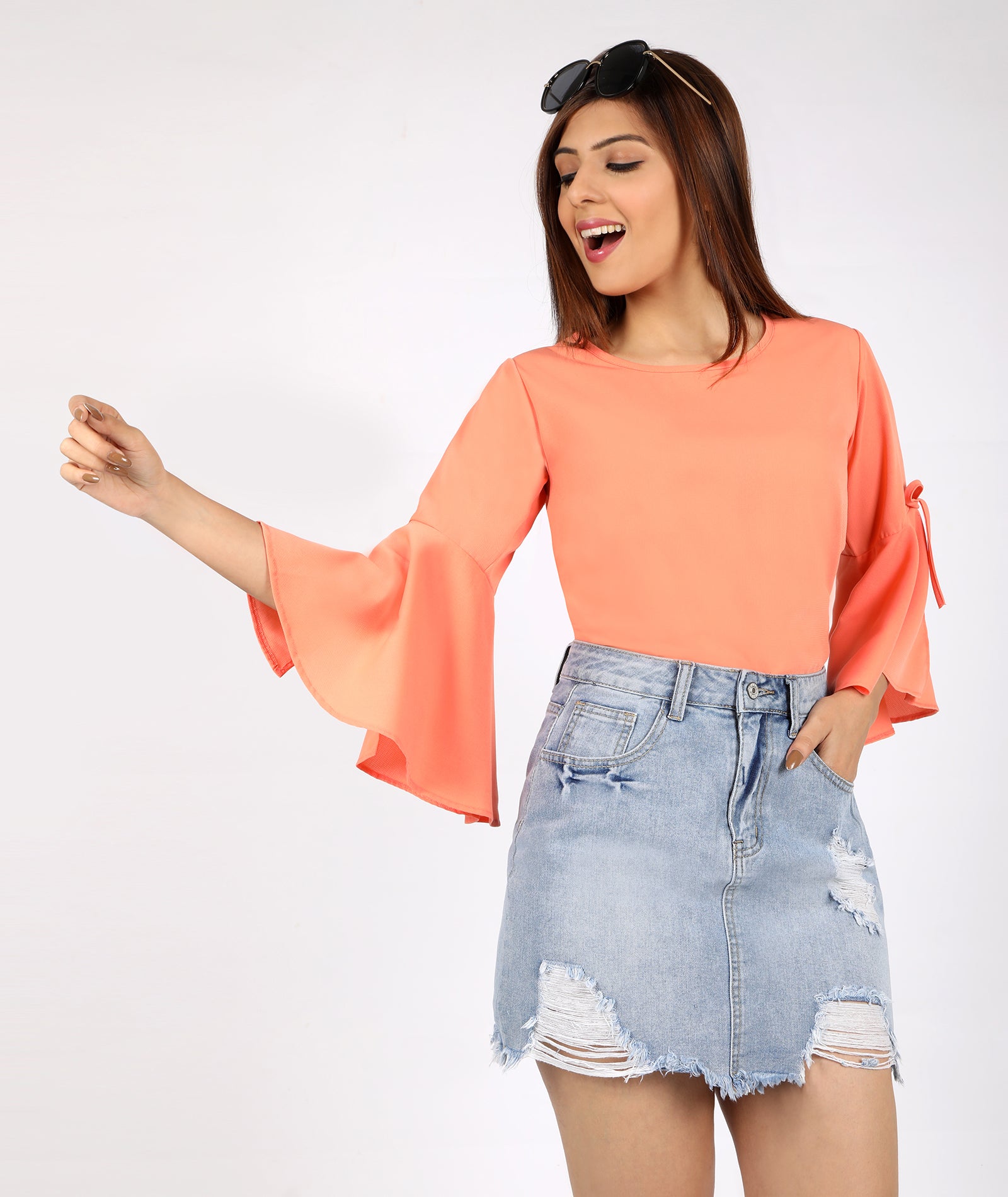 chimpaaanzee women open bell sleeve knot orange top