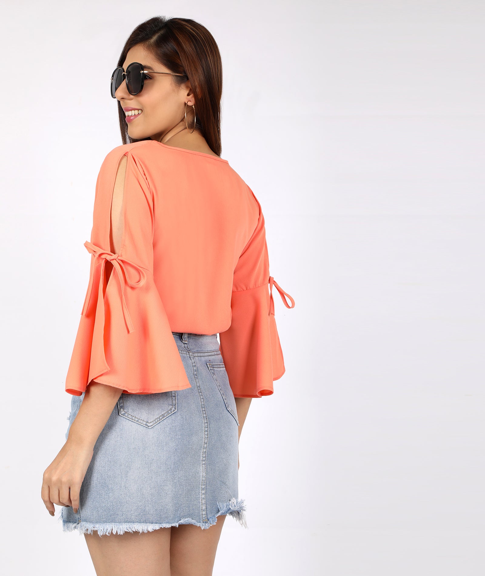 chimpaaanzee women open bell sleeve knot orange top