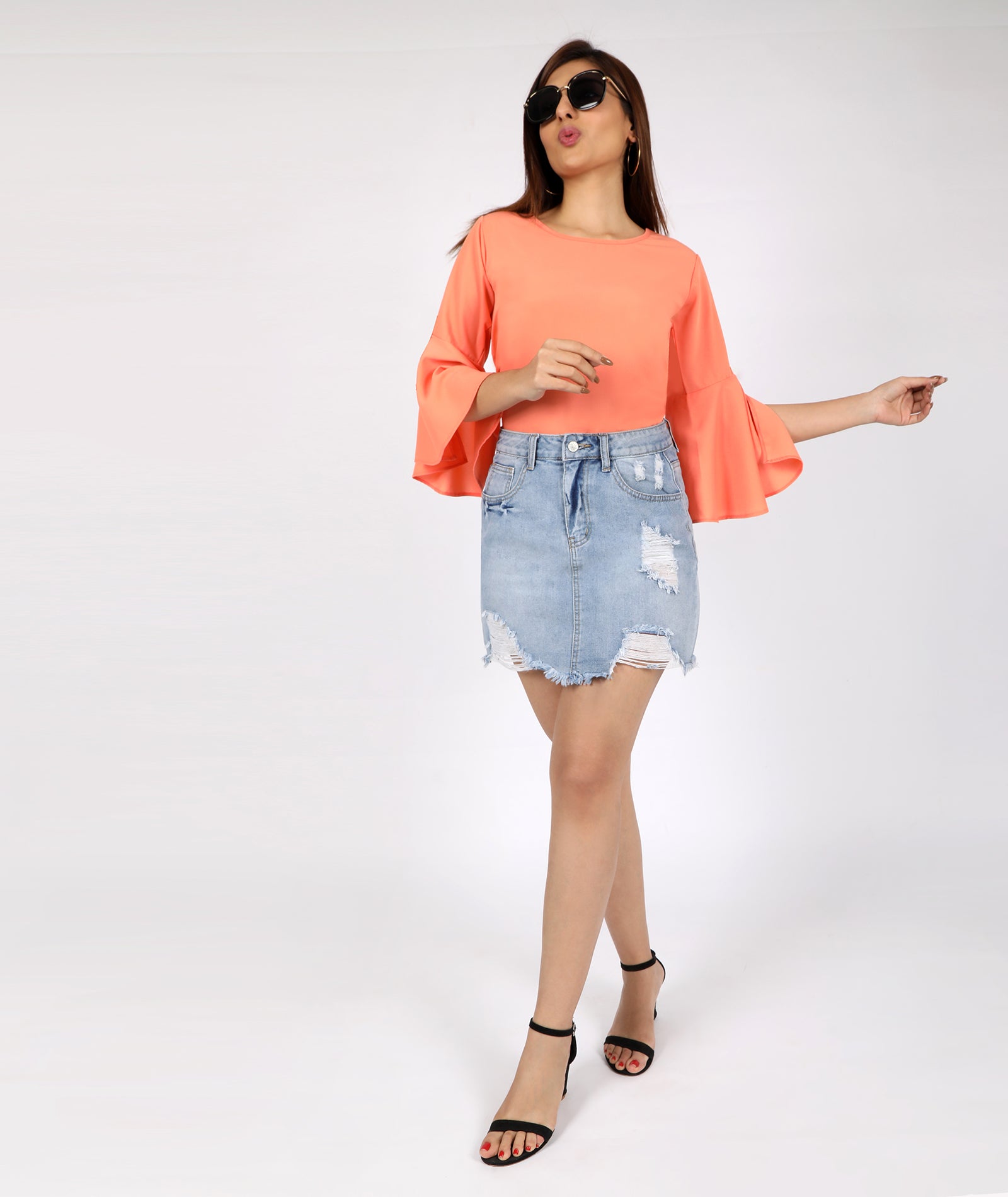 chimpaaanzee women open bell sleeve knot orange top
