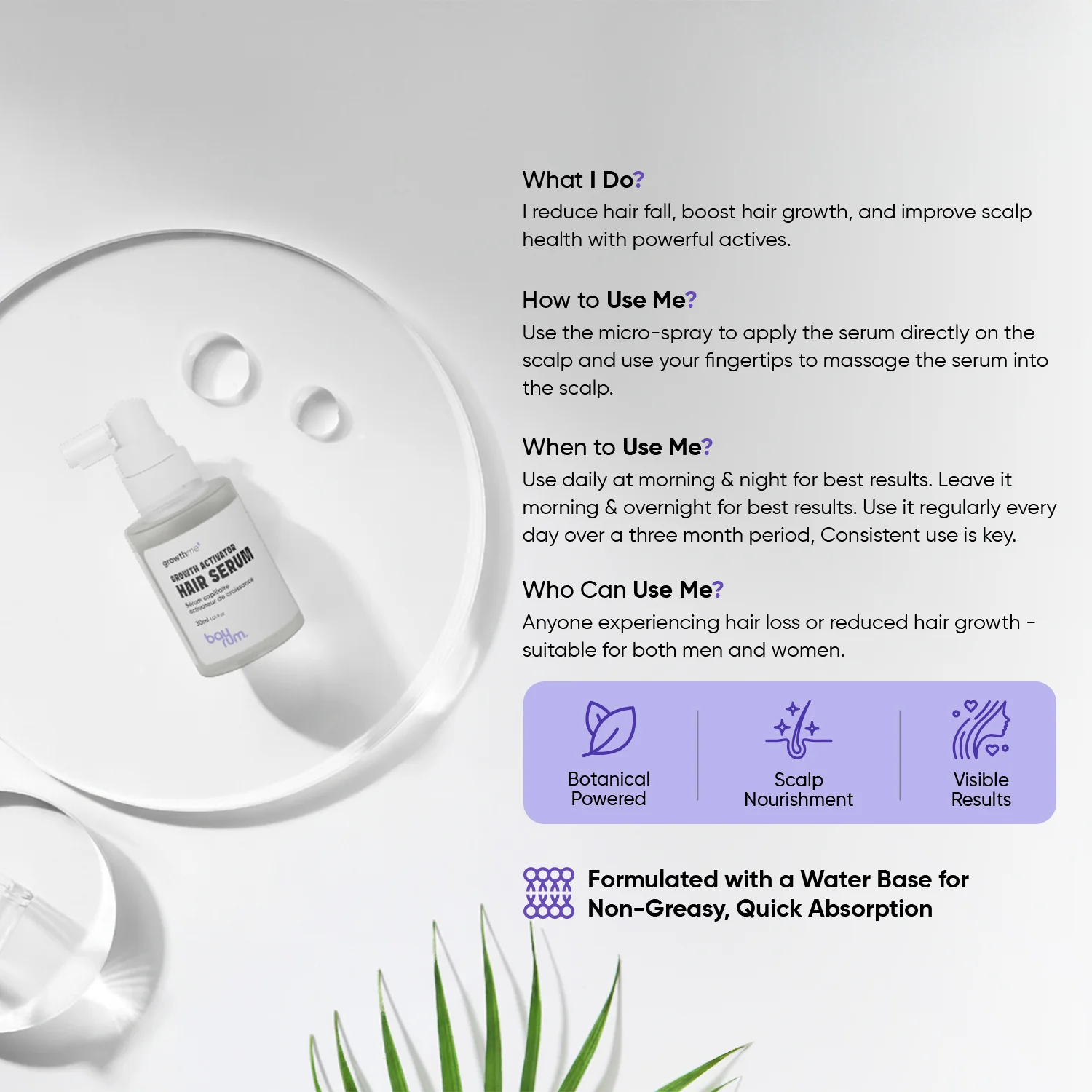 bayrum hair growth serum for men & women, reduces hair fall & boosts new hair growth, non-sticky