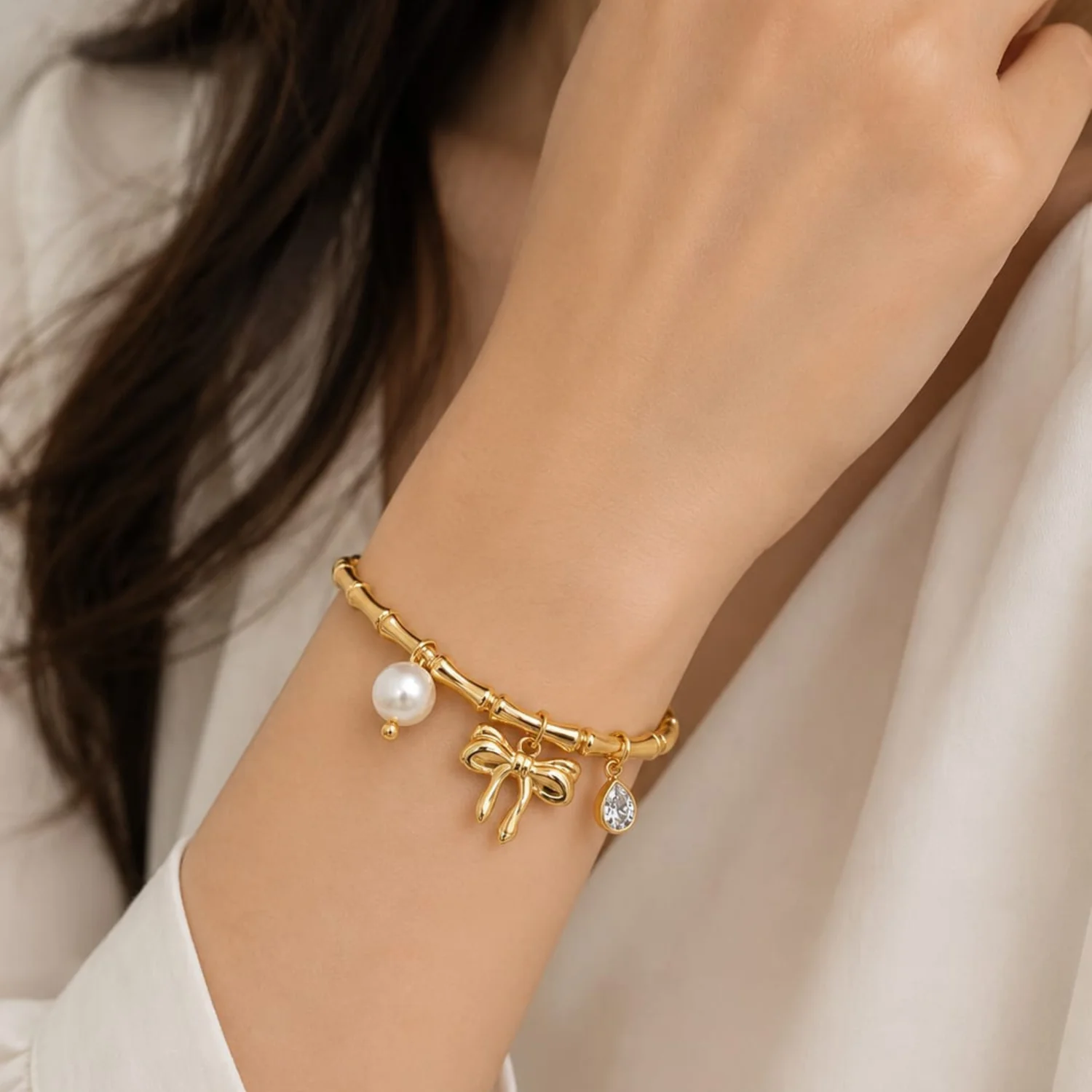 just jewel bamboo motif charm bangle | anti-tarnish & waterproof 316l stainless steel