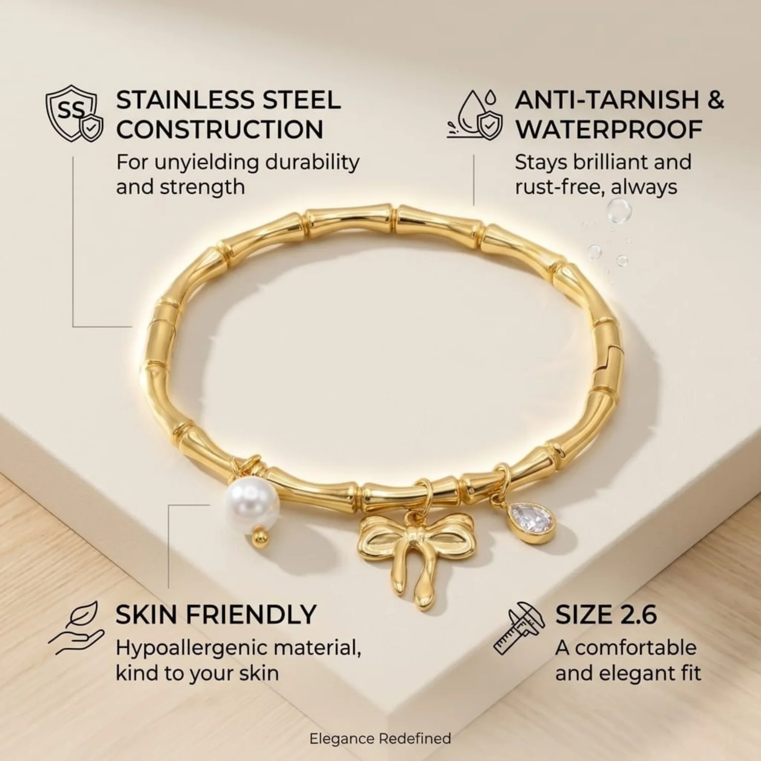 just jewel bamboo motif charm bangle | anti-tarnish & waterproof 316l stainless steel