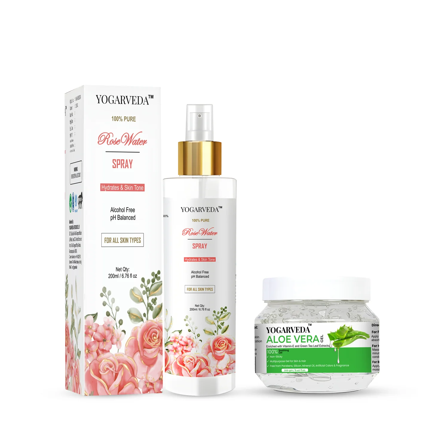 yogarveda ultimate combo – 100% pure rose water spray (200ml) & pure aloe vera gel (200g)