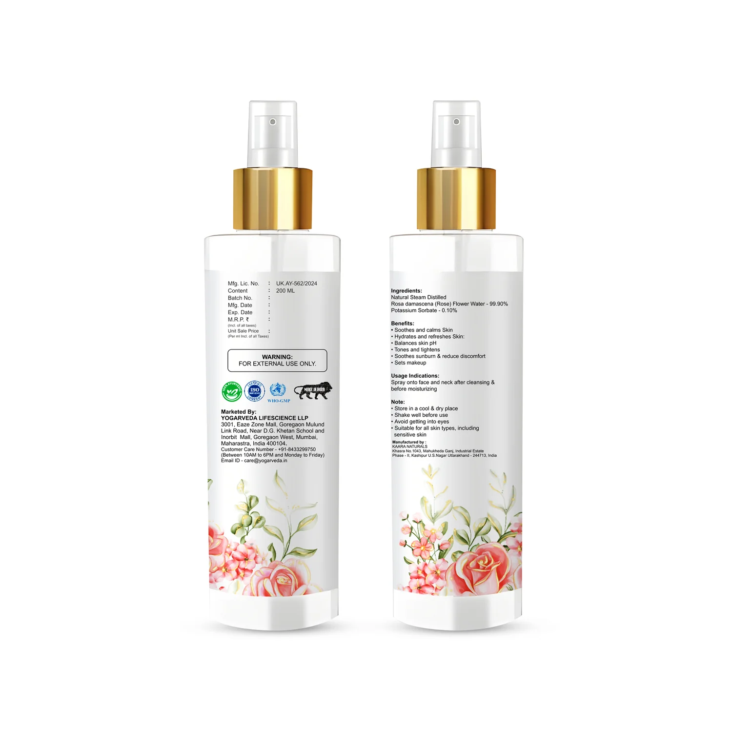 yogarveda ultimate combo – 100% pure rose water spray (200ml) & pure aloe vera gel (200g)