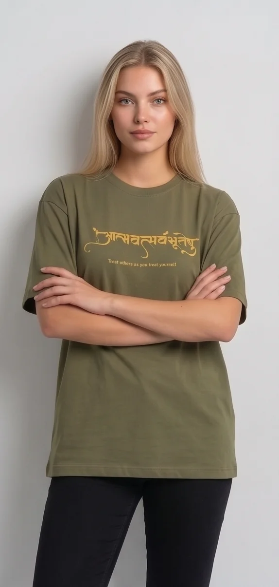 gravitees studios"atmavat sarvabhuteshu" sanskrit graphic t-shirt – olive green unisex oversized fit
