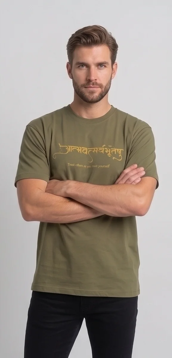 gravitees studios"atmavat sarvabhuteshu" sanskrit graphic t-shirt – olive green unisex oversized fit