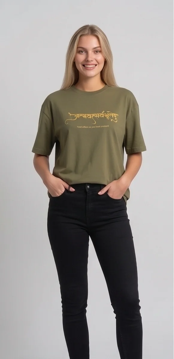 gravitees studios"atmavat sarvabhuteshu" sanskrit graphic t-shirt – olive green unisex oversized fit