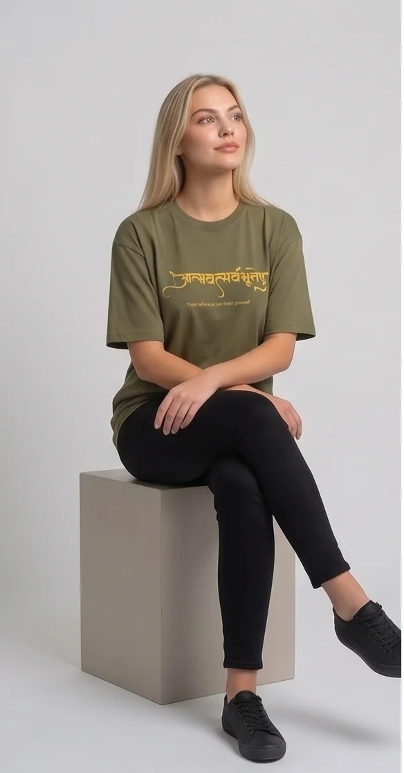 gravitees studios"atmavat sarvabhuteshu" sanskrit graphic t-shirt – olive green unisex oversized fit