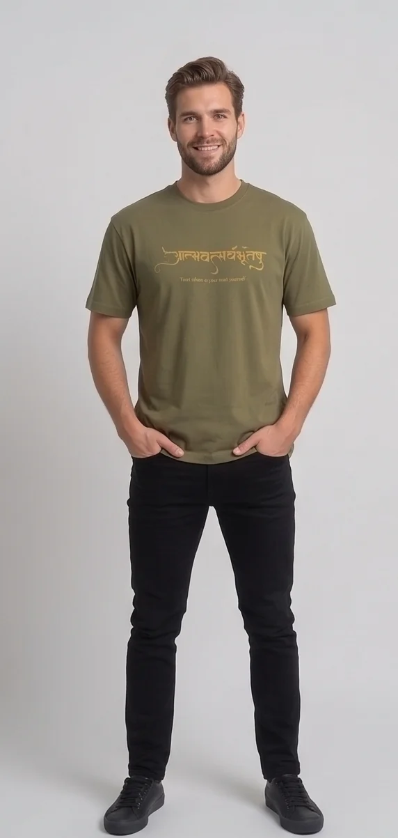gravitees studios"atmavat sarvabhuteshu" sanskrit graphic t-shirt – olive green unisex oversized fit