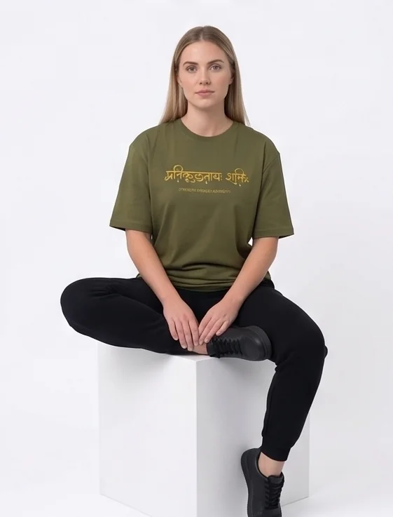 gravitees studios "pratikulataya shakti" sanskrit graphic t-shirt – olive green unisex regular fit