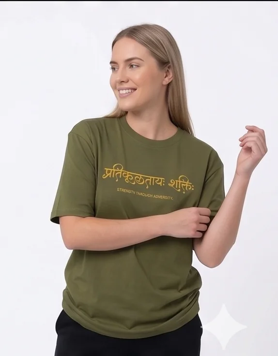 gravitees studios "pratikulataya shakti" sanskrit graphic t-shirt – olive green unisex regular fit