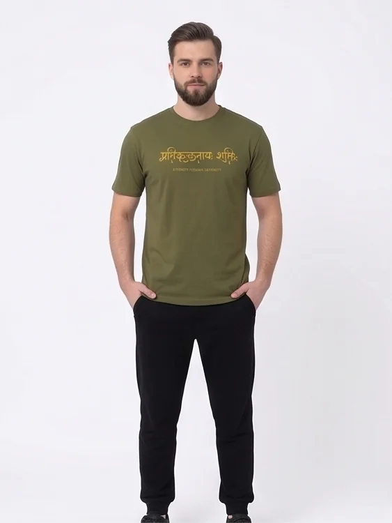 gravitees studios "pratikulataya shakti" sanskrit graphic t-shirt – olive green unisex regular fit
