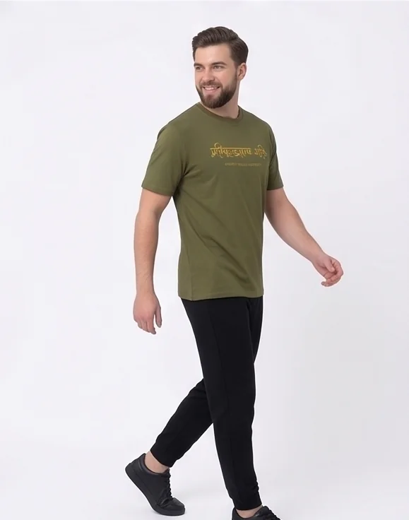 gravitees studios "pratikulataya shakti" sanskrit graphic t-shirt – olive green unisex regular fit