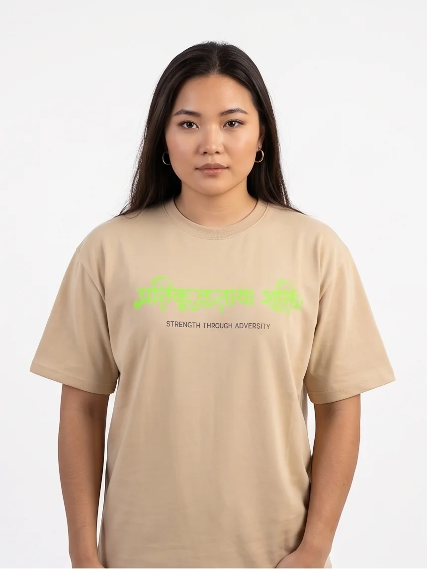 gravitees studios "strength through adversity" sanskrit graphic t-shirt – beige unisex oversized fit