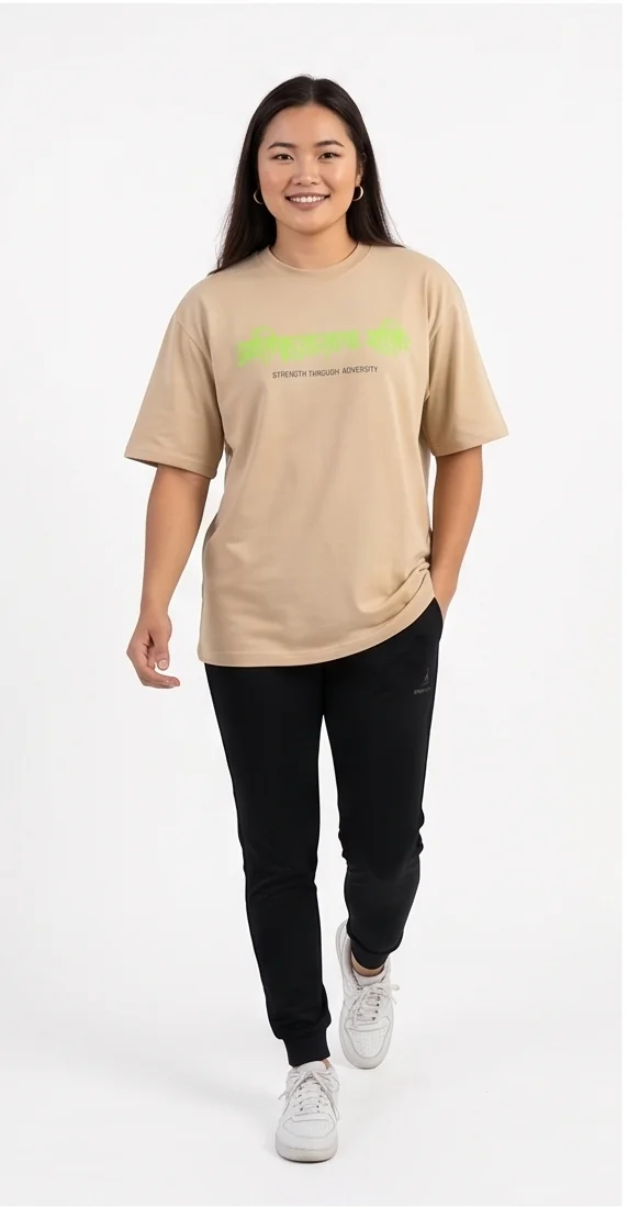 gravitees studios "strength through adversity" sanskrit graphic t-shirt – beige unisex oversized fit