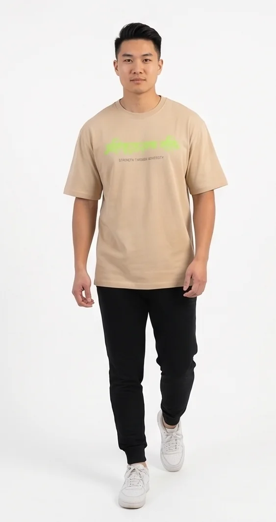 gravitees studios "strength through adversity" sanskrit graphic t-shirt – beige unisex oversized fit