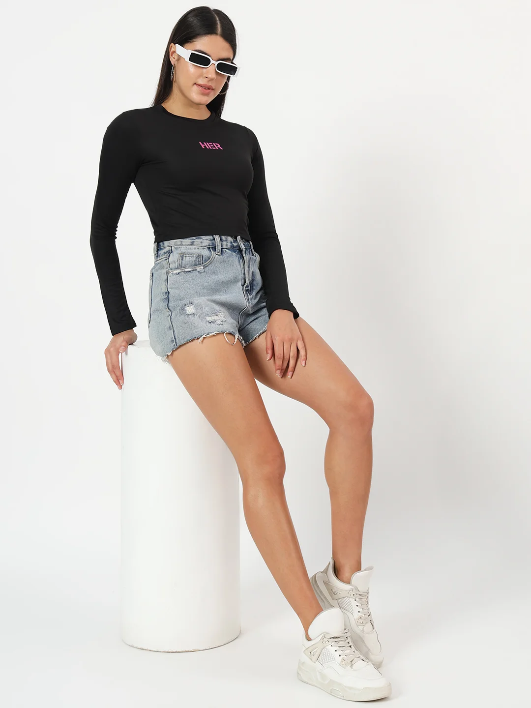hue story women's "her" graphic print full sleeve crew neck slim fit crop top