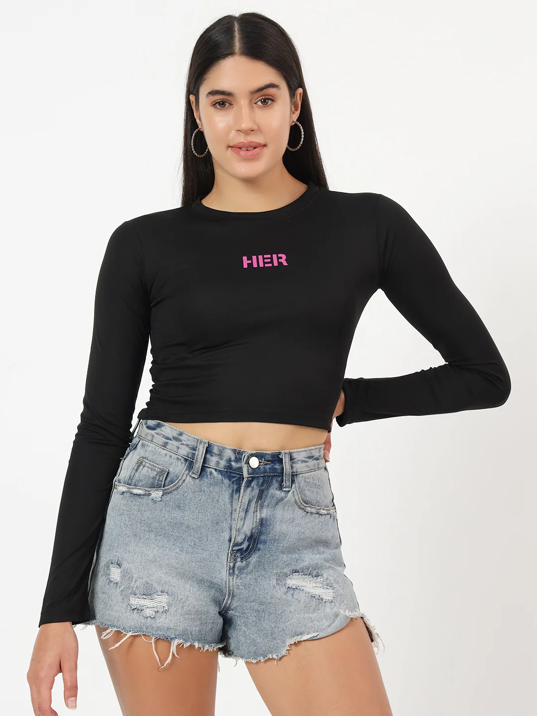 hue story women's "her" graphic print full sleeve crew neck slim fit crop top