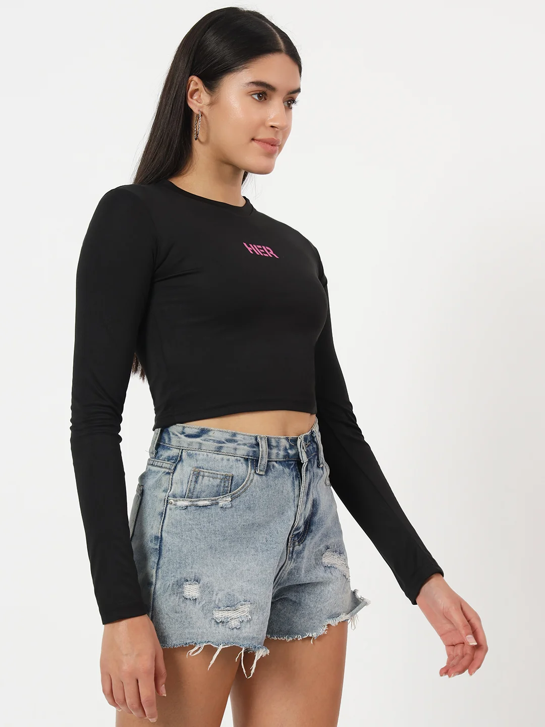 hue story women's "her" graphic print full sleeve crew neck slim fit crop top