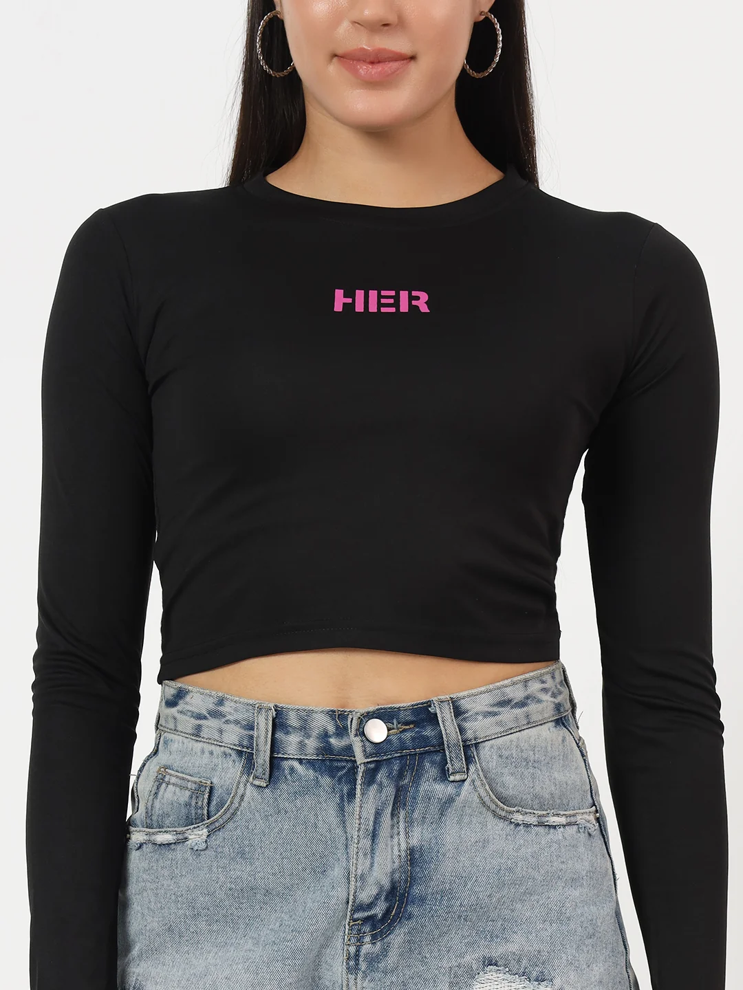 hue story women's "her" graphic print full sleeve crew neck slim fit crop top