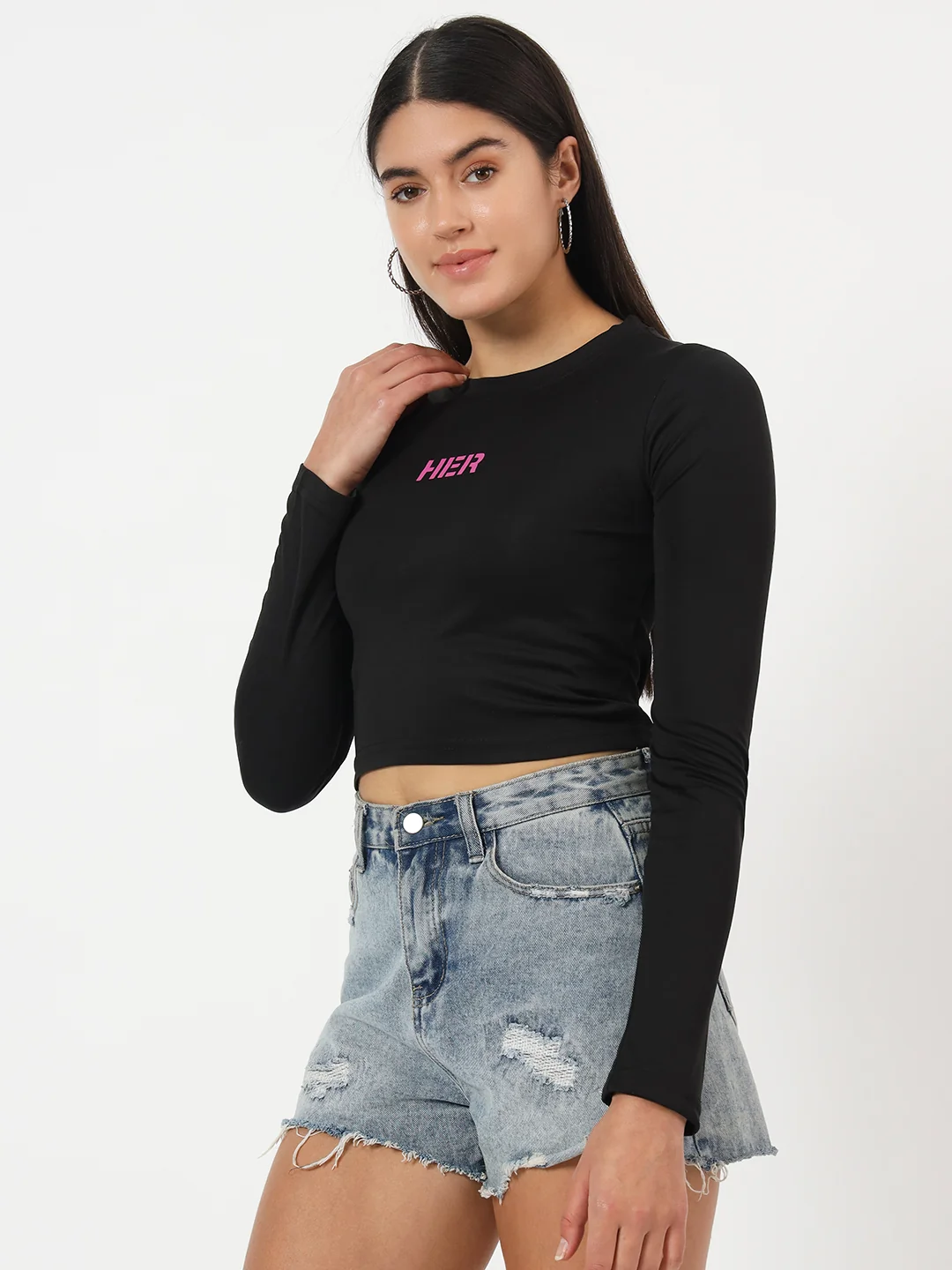 hue story women's "her" graphic print full sleeve crew neck slim fit crop top
