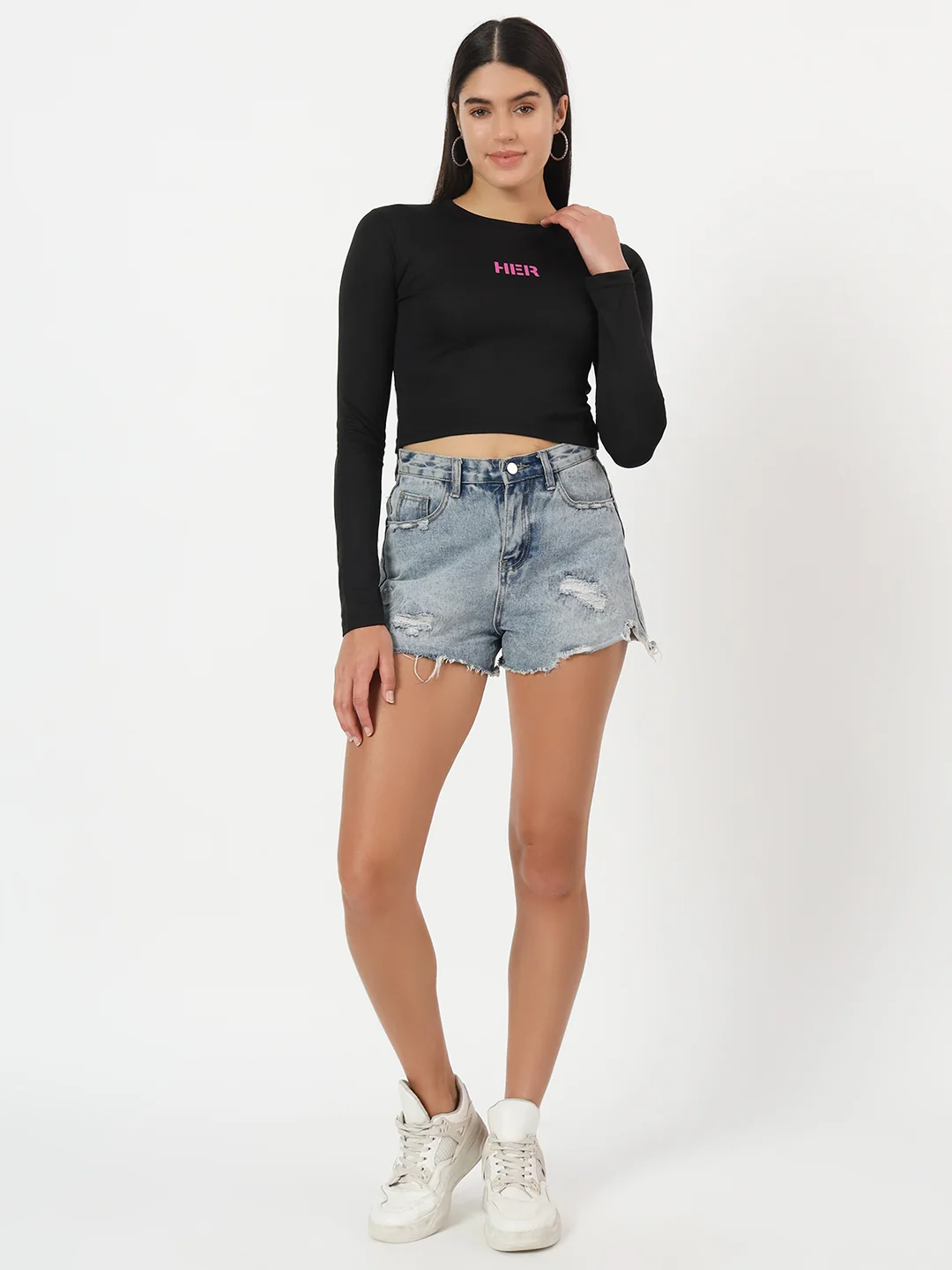hue story women's "her" graphic print full sleeve crew neck slim fit crop top