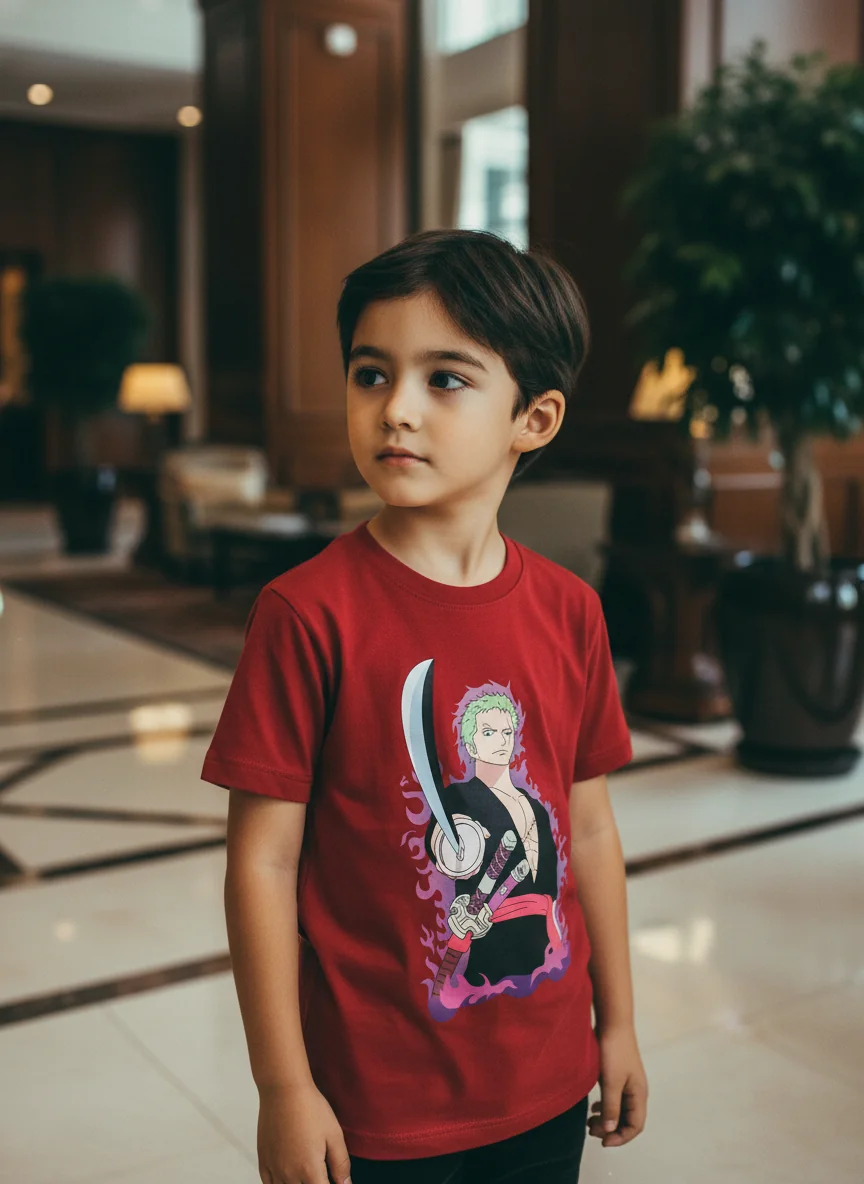 gravitees studios kids' roronoa zoro "triple sword style" graphic print t-shirt – crimson red
